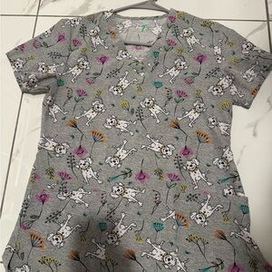 Gray Dog Print Scrub Top